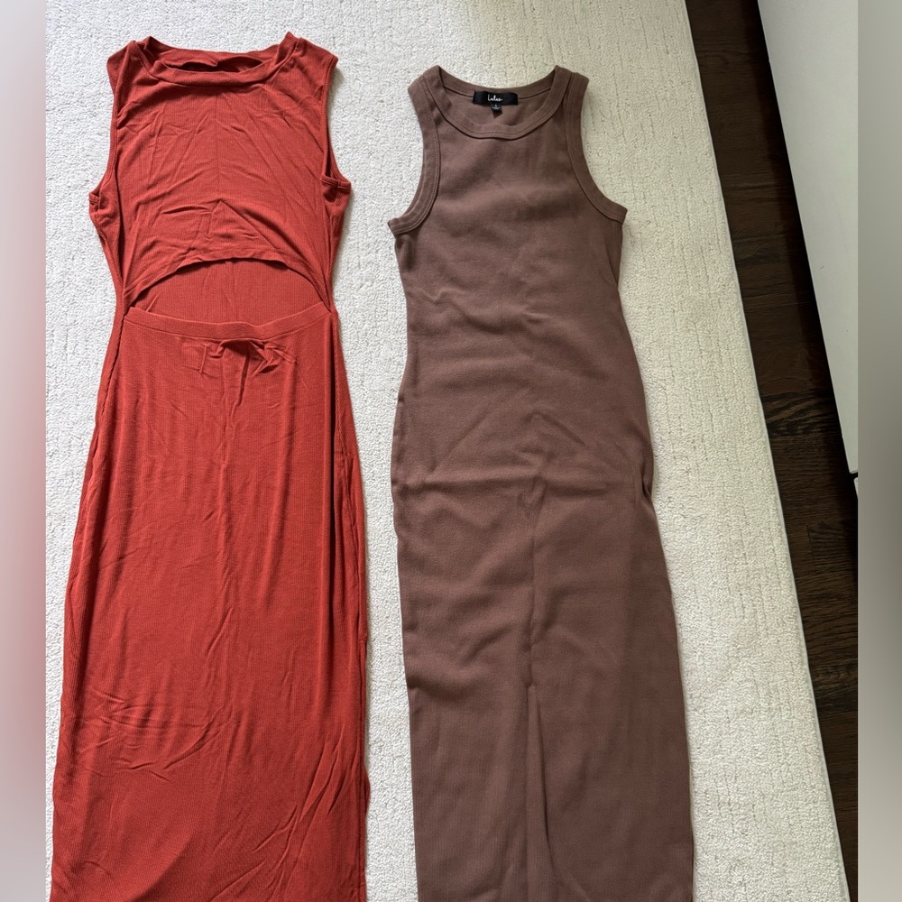 Two midi dresses- one orange/rust & one Lulu's in Brown